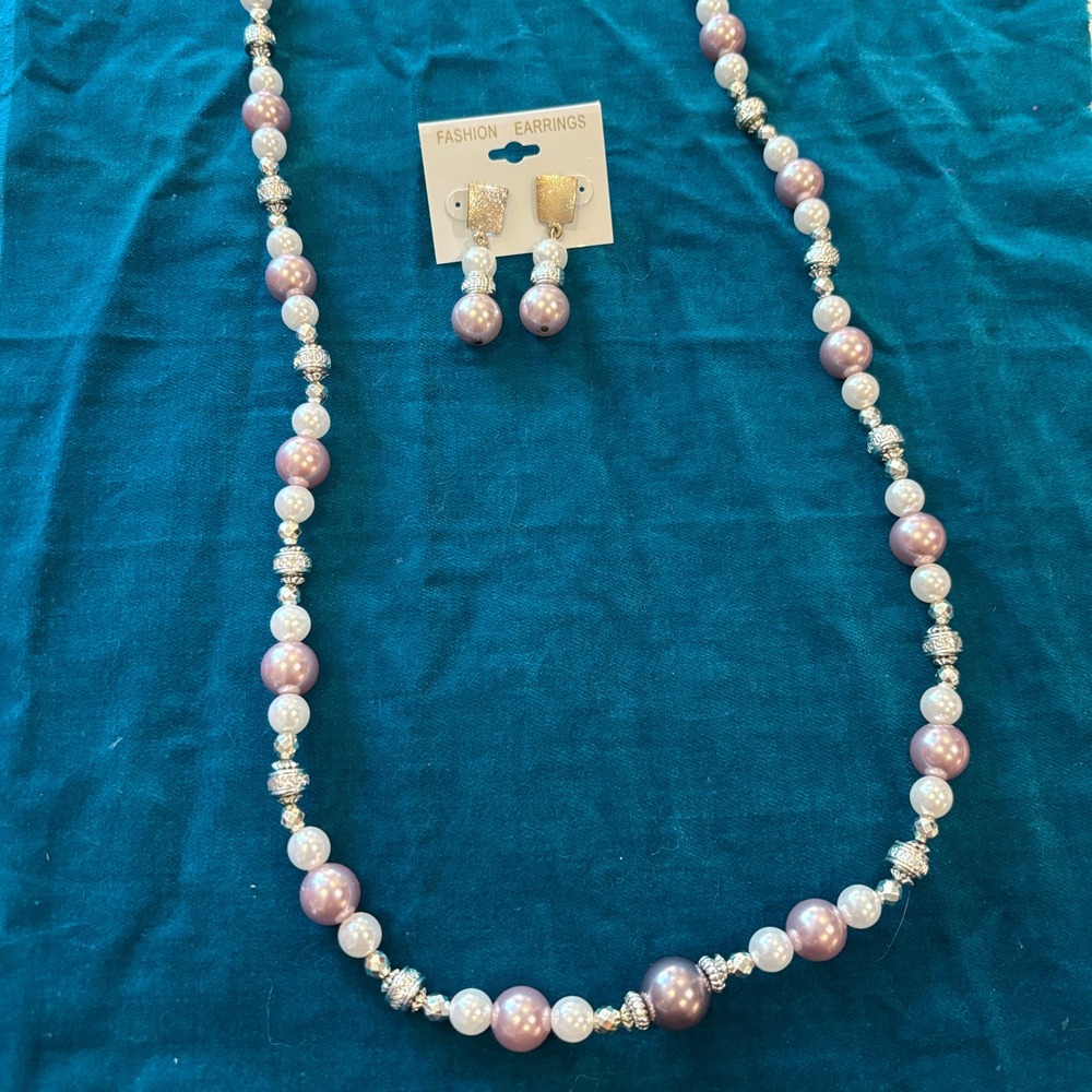 Faux Pearl Beaded Necklace Earring Set Pink White Silver Tone Fashion Jewelry